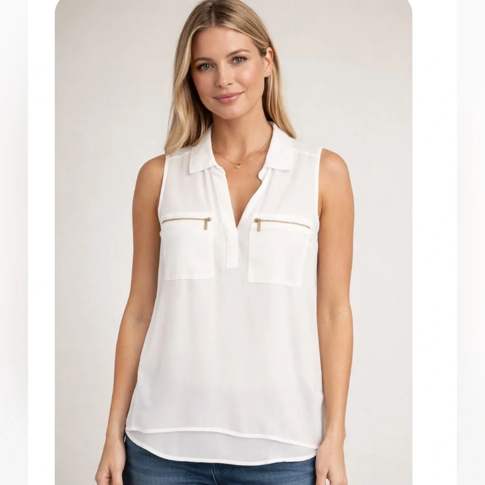 MICHAEL KORS  White Sleeveless Blouse with Zipper Pockets NWOT